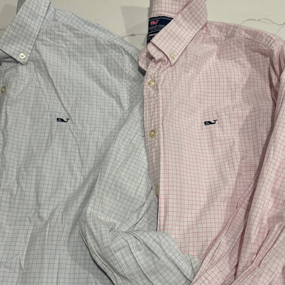 2 Vineyard Vines Men's Casual Checkered Shirts - Pink and Blue large